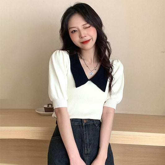 French Doll Collar Knitted Sweater Women's Design Sense Niche Korean Version Slim Short Puff Sleeve Top Trendy