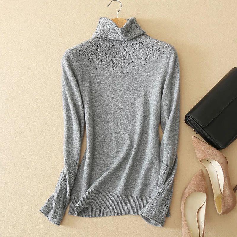 Autumn and Winter Knitted Hollow Wool Sweater Pile Pile Collar Bottoming Shirt Turtleneck Pullover Blouse Women