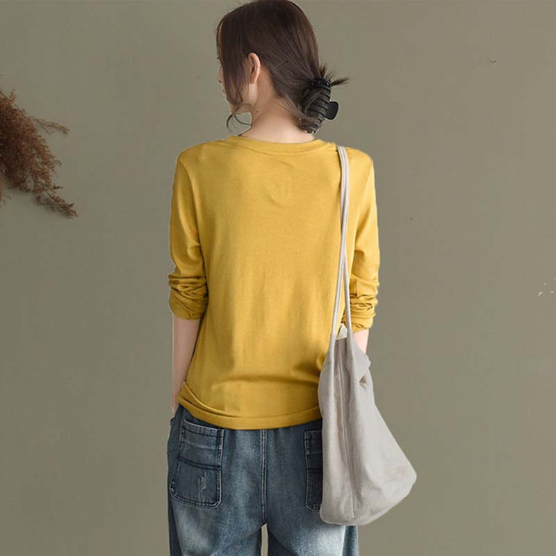 Pure Cotton Long-sleeved T-shirt Spring and Autumn Women's Top Cotton Loose Solid Color Large Size Bottoming Shirt