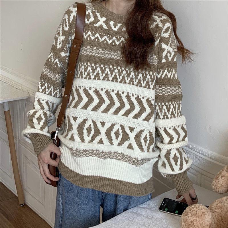 Autumn Winter Women Fashion Sweater Casual Knitting Sweater Retro All-match Round Neck Pullovers Loose Casual Long Sleeve Sweater
