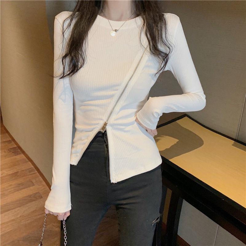 Niche Design Zipper Long-sleeved T-shirt Long-sleeved Slim Bottoming Shirt Round Neck Solid Color Fashion Top