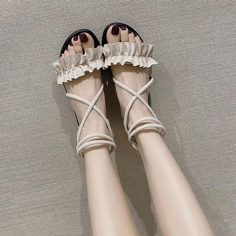 Roman Sandals Women's Summer Flat-bottom Straps All-match Casual Beach Shoes Women's One-word Buckle Flat Sandals Sweet and Light