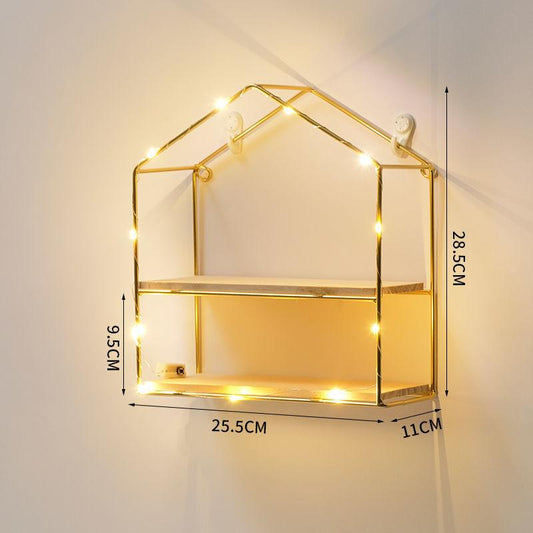 Double Layer Shape Storage Shelf Solid Wood Metal Display Stand Hole-free Storage Rack with Light Strip