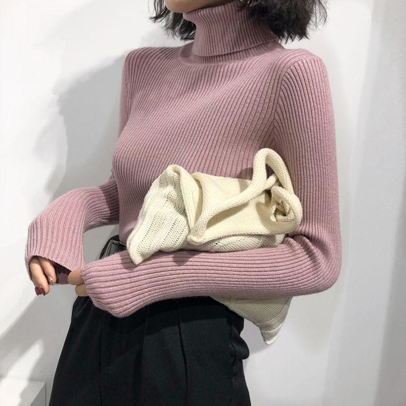 Pofulove Autumn Solid Color Slim Pullover High Collar Warm Long Sleeve Knitted Sweater Women's Cloth