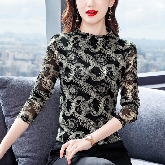 Women's Spring and Autumn Long-sleeved V-neck Slim Bottoming Shirt Printed Top