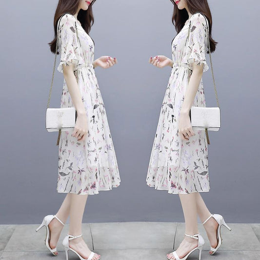 Chiffon Dress Summer Temperament Was Thin, Printed Fairy A-line Mid-length Waist Floral Skirt Round Neck Short-sleeved Ladies Chiffon Dress