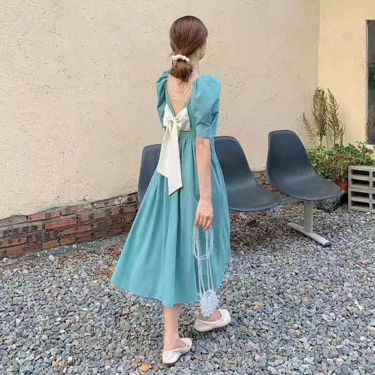 Women's Summer Long Dress Square Neck Slim Puff Sleeve Solid Color Skirt