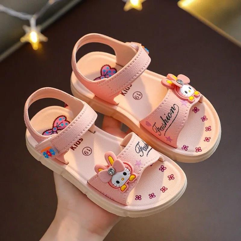 Girls Sandals Girls Summer Versatile Sandals Soft Sole Flat Casual Sandals Anti-slip Cartoon Little Cat Princess Beach Sandals