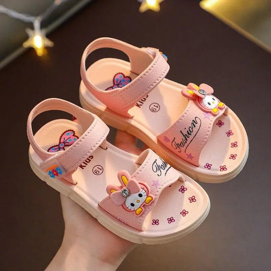 Girls Sandals Girls Summer Versatile Sandals Soft Sole Flat Casual Sandals Anti-slip Cartoon Little Cat Princess Beach Sandals