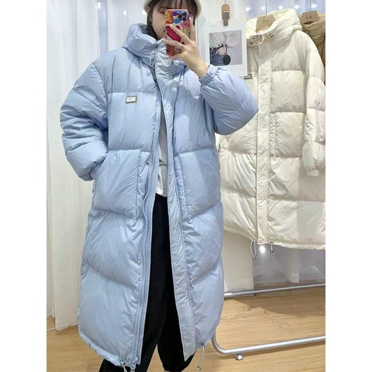 Korean Version of Simple and Versatile Small Hooded Down Jacket Women's Long Over-the-knee White Duck Down Warm and Thin Coat In Winter