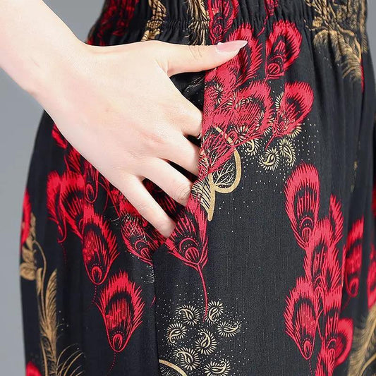 Cotton Silk Pocket Wide-leg Pants, Floral Pants, Nine-point Casual High-waist Rayon Trousers