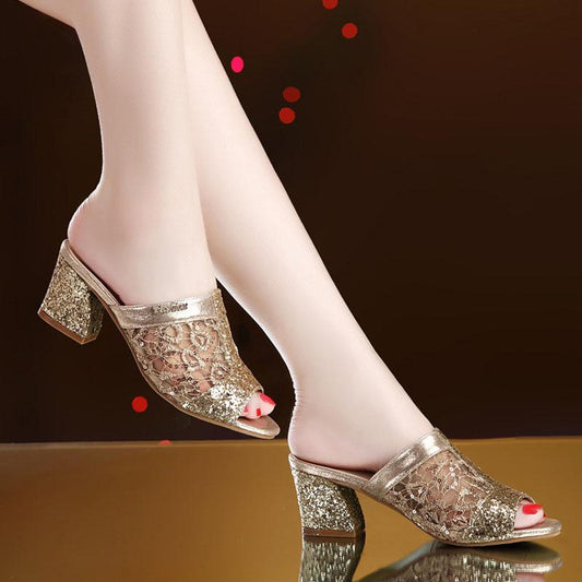 Plus Size 35-40 Women All-match Shiny Slippers Outdoor Diamond High Heels Bohemian Beach Wear-resistant Non-slip Slippers Mesh Sandals