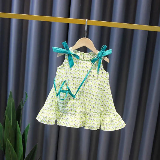 Children Dress Girls' Summer Thin Drawstring Dress Floral Printing Sleeveless Bow Ruffle Princess Dress