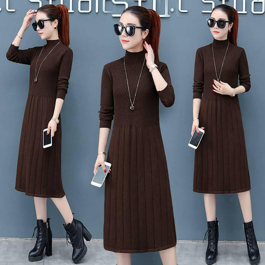 Elegant Half-high collar Split Midi Dress Women Knitted Sweater Dress Button Long Sleeve Dress