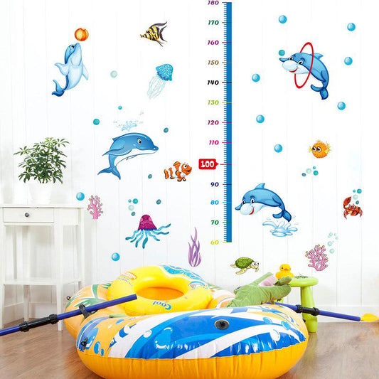 Cartoon Dolphin Height Wall Stickers for Kids Rooms Nursery Wall Decoration Decals