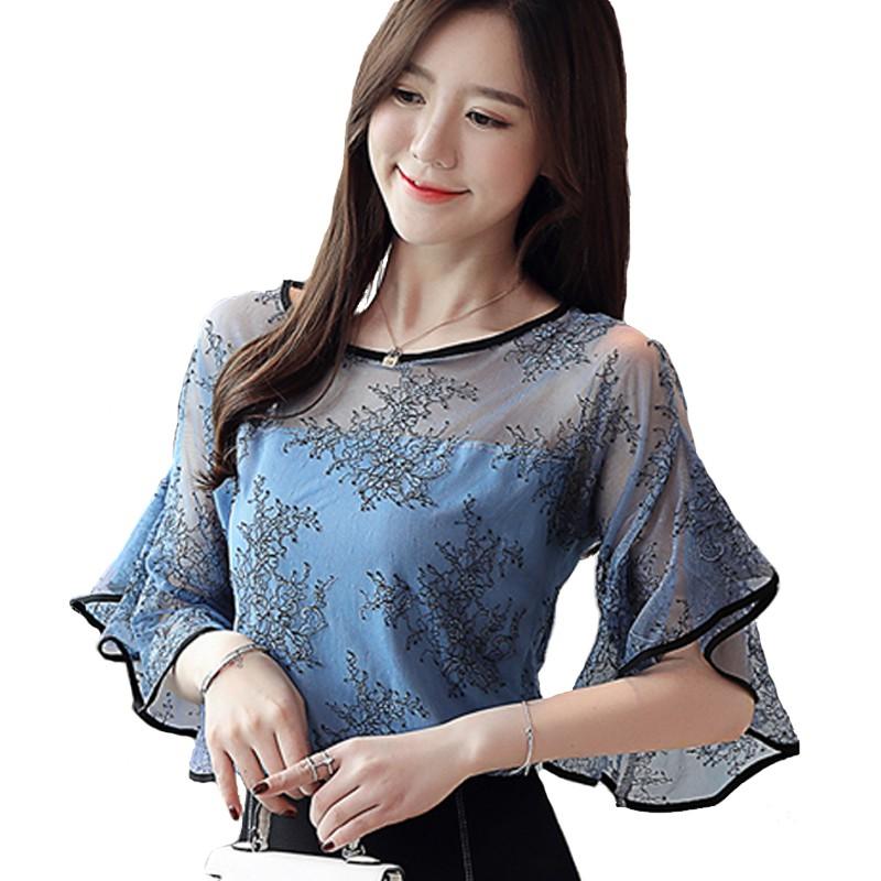 Summer Lace Stitching Women Shirt Embroidery Tops Casual Crochet Hollow Out Blouse