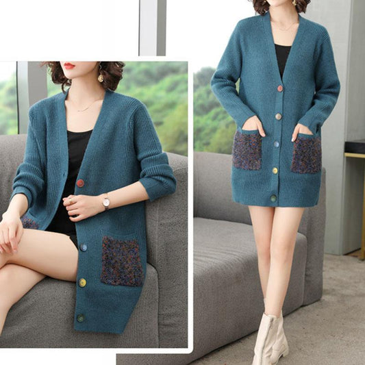 Spring and Autumn Mid-length Wool Sweater Plus Size Fashion Embroidered Blouse Simple Cardigan Middle-aged Women Jacket