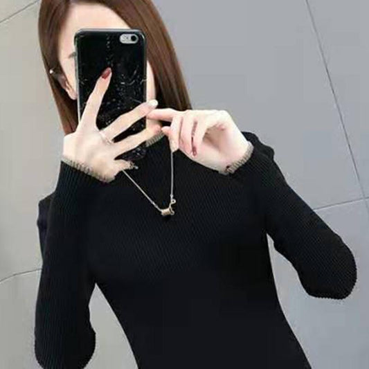 Autumn and Winter Korean Version of Warm Knit Sweater Slim Long-sleeved Solid Color Top Plus Velvet Thick Round Neck Sweater