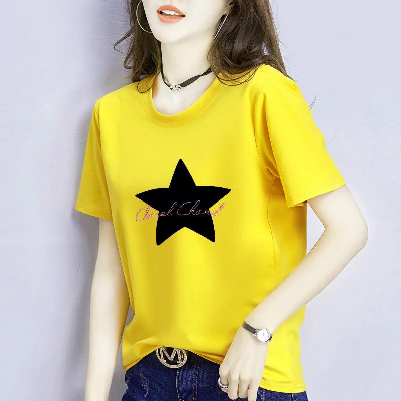 Women Summer T-shirt Solid Color Large Size Short Sleeve Cartoon Star and Letters Printed Loose Elastic Casual T-shirt