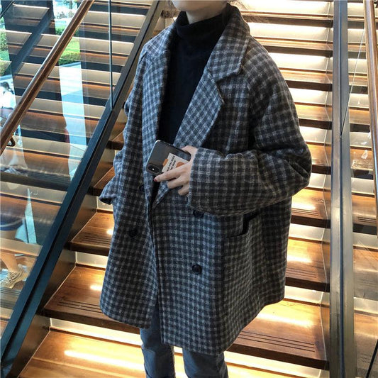 Winter Korean Mid-length Loose Lapel Thick Woolen Coat Women Retro Plaid Coat