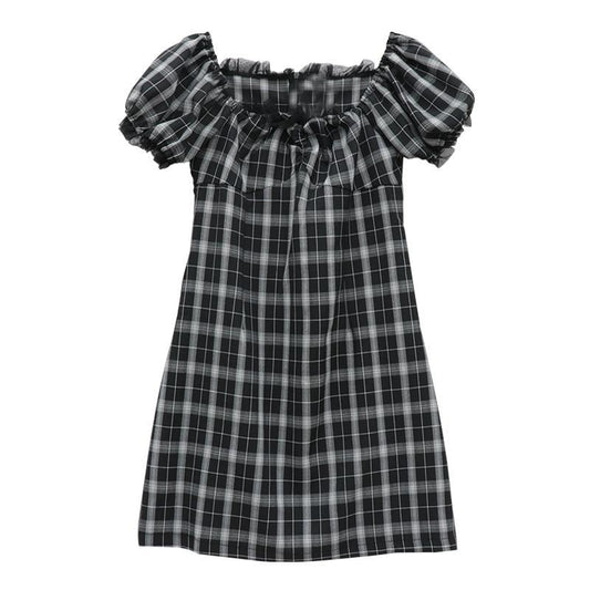 Female Simple Black Plaid Waist Slim Square Neck Hip Short Slim One Piece Striped Party Dress