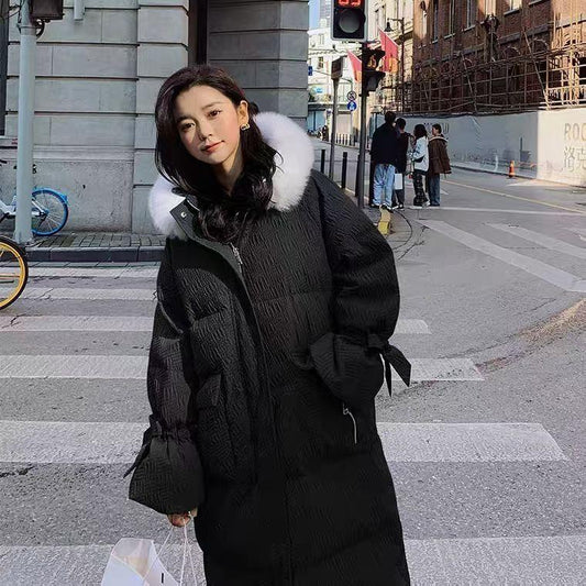 Winter Cotton High-end Temperament Jacket Women Winter Warm Sweet Wind Hooded Mid-length Down Cotton Jacket Fluffy Fur Collar Thick Warm Jacket
