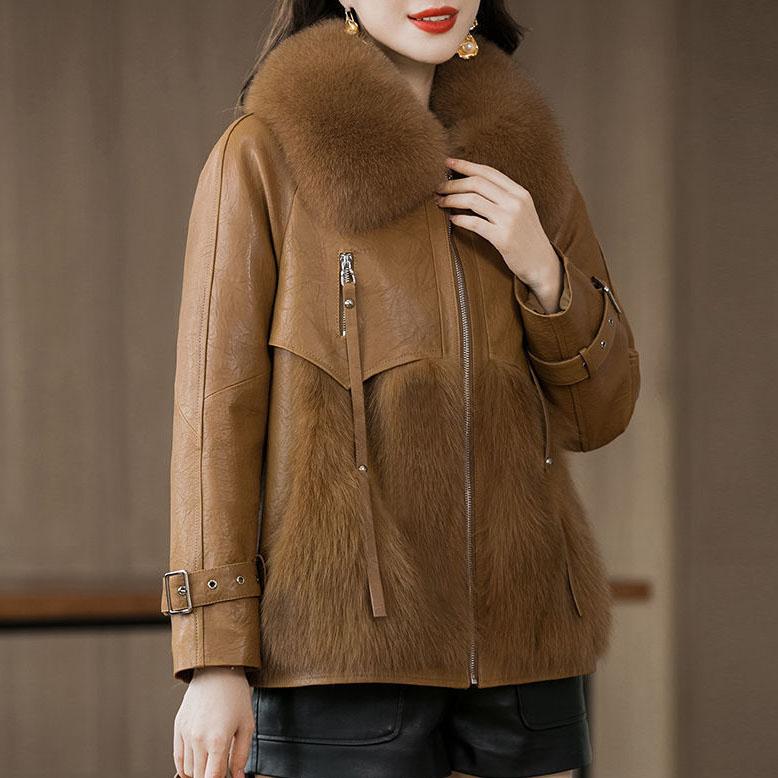 Women's Winter Large Size Fur Coat Female Solid Color Long Sleeve Fox Fur Leather Jackets