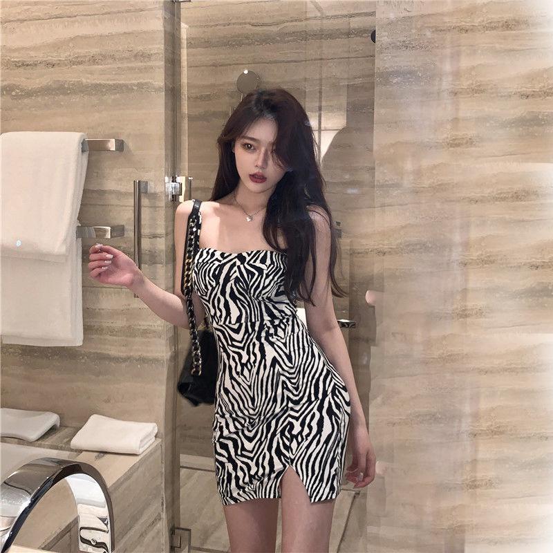 WTEMPO Women Sexy Zebra Sling Dress Slim Fit Sleeveless Backless Hip Base dress Inside Nightclub Bar Dress