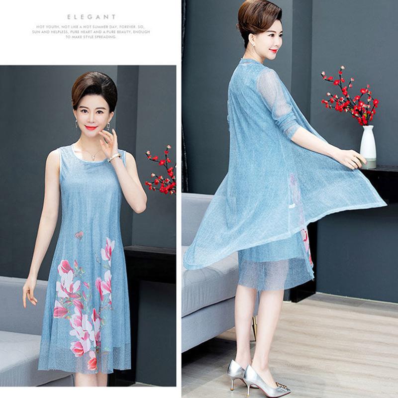 Chiffon Shirt + Dress 2pcs Suit Women's Sun Protection Clothing Sun-Dress Mid-length Plus Size Shawl Loose Outer Chiffon Cardigan Thin Coat Beach