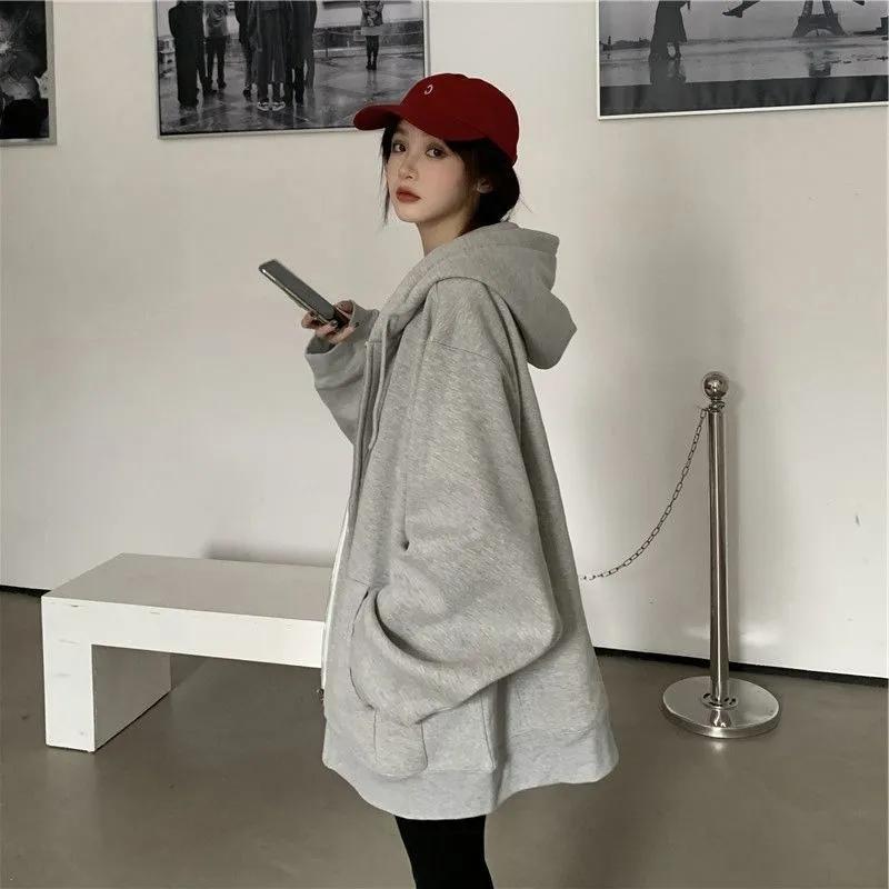 Spring and Autumn Loose Streetwear Hip Hop Oversize Style Thin Coat Female Ins Top Student Long Sleeve Zipper Hooded Sweater