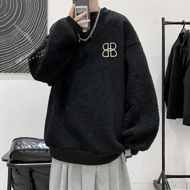 Autumn and Winter Plus Velvet Padded Round Neck Sweater Men's Loose Hedging Warm and Comfortable Jacket