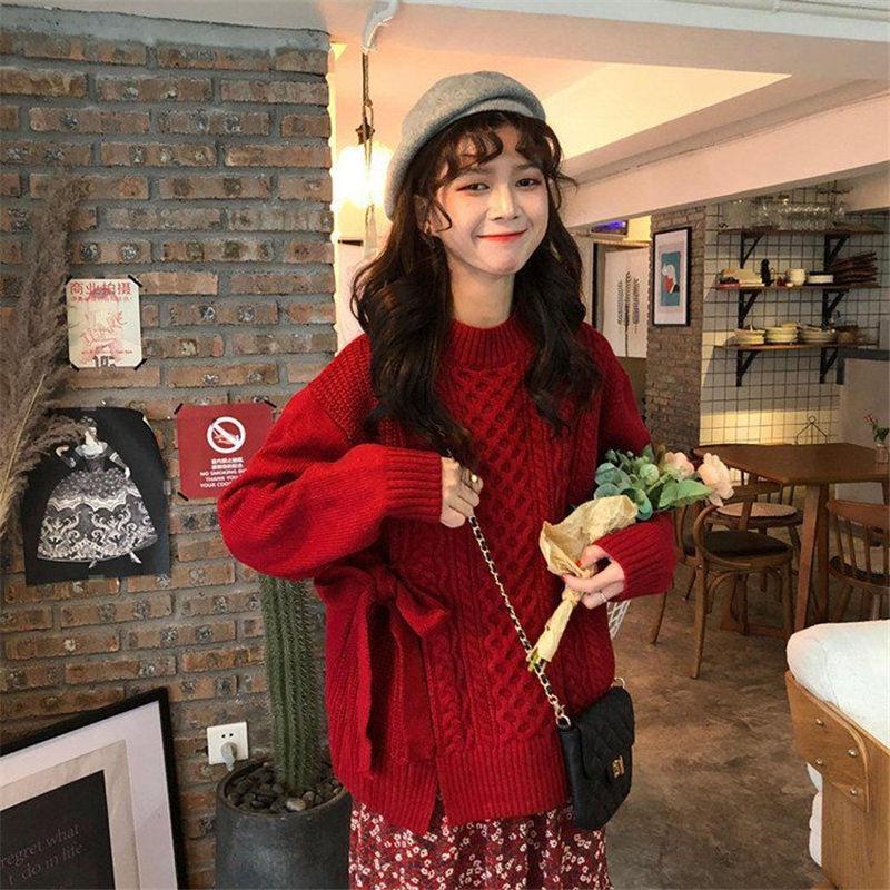 All-match Loose Autumn Winter Twist Sweater Knit Sweater Casual Female Students Long-sleeved Design Sense Split