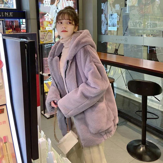 Autumn and Winter Hooded Rabbit Fur Coat Fleece Loose Thick Coat Solid Color Faux Fur Coat Large Size
