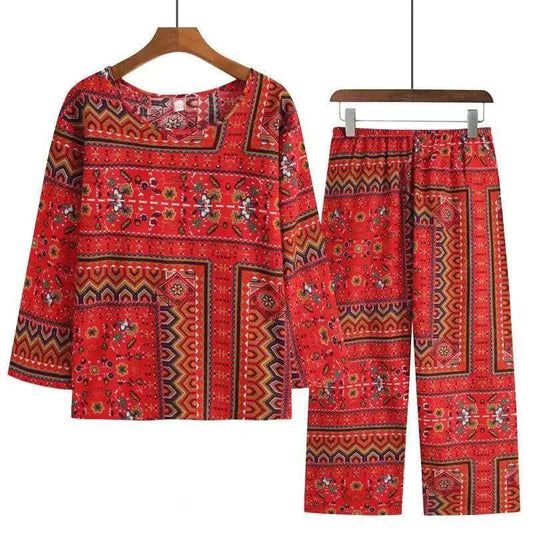Mom Long-sleeved Home Wear Set Women's Retro Floral Printing Pajamas Ethnic Style Middle-aged Elderly Large Size Loose Pajamas Two-piece Set