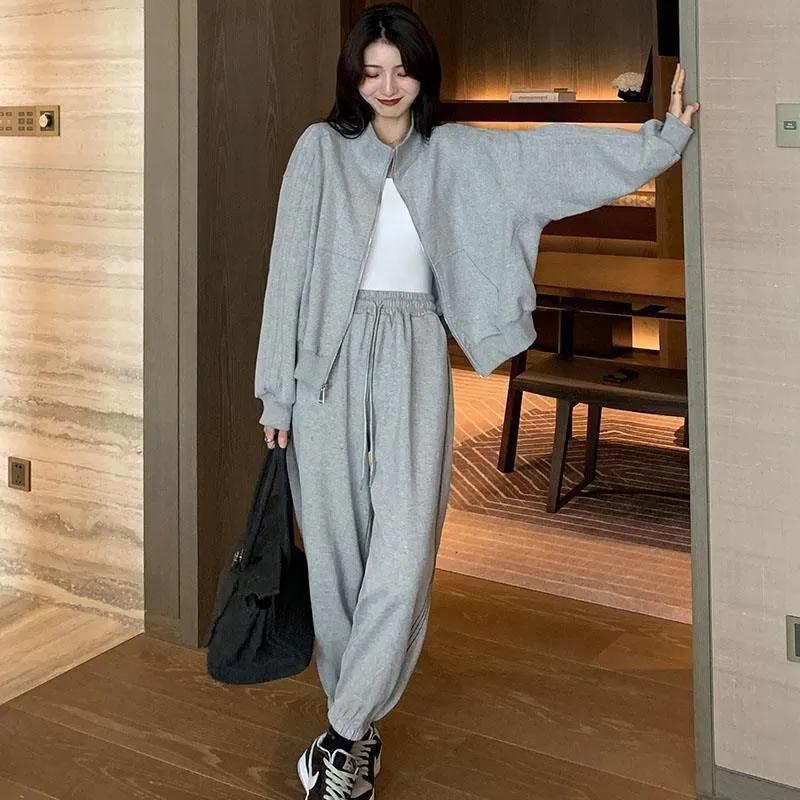 2PCS Grey Sports Casual Suit Women's Spring and Autumn Loose Sweater Coat Long Pants Two-piece Set Girls Athletic Clothing Fitness Jogging Suit
