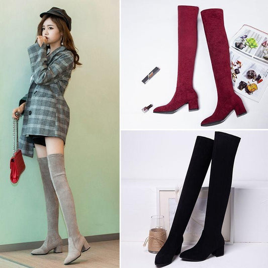 Faux Suede Women Over Knee Boots Lace Up Sexy Chick Heels Shoes Woman Female High Boots Botas Ladies High Boot