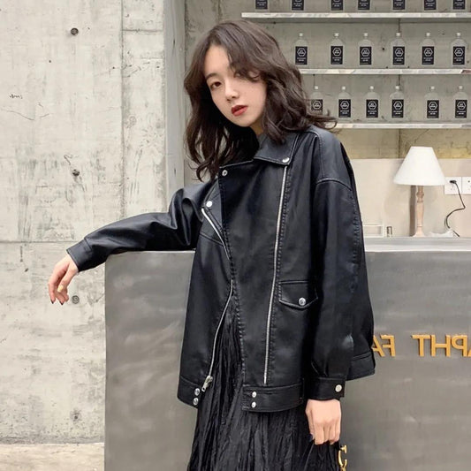 Black Leather Jacket Women's Autumn/winter 2021 New Product Leather Jacket Loose Student Motorcycle Suit