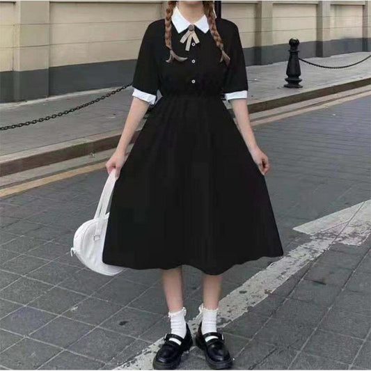 College Style French Retro Slim Waist Temperament Dress Female Student Short-sleeved Mid-length Skirt A-line Skirt