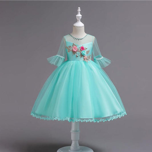 Girls' Wedding Dresses Children's Net Yarn Tutu Skirt Children's Middle-sleeved Lace Flower Girl Dress