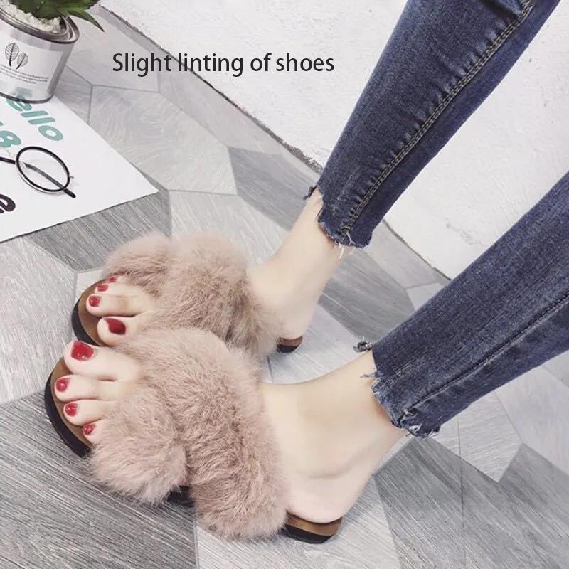 Hairy Slippers Women Fall/winter Non-slip Soft Bottom All-match Cross-over Sandals and Slippers Cute Sexy Women's Flat-bottom Sandals and Slippers