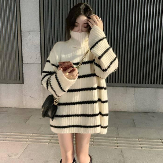 Pofulove Black or White Turtleneck Long Section Sweater Cool Oversize Striped Loose Cuffs Pullover