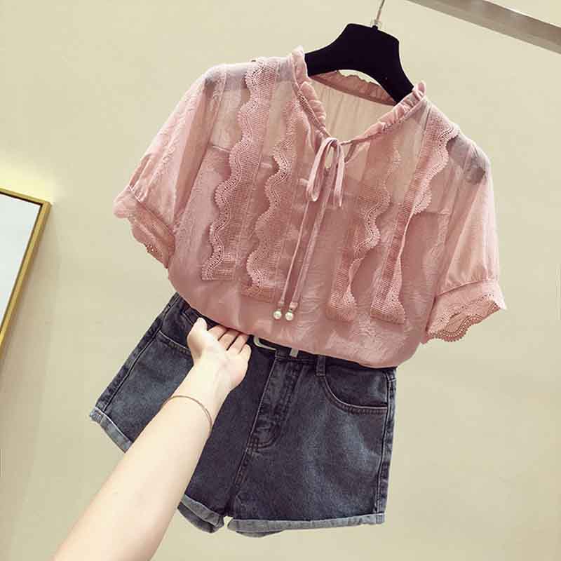 Chiffon Shirt Large Size Loose Women's Top Fashion Casual Hollow Lace Up Short Sleeve Top