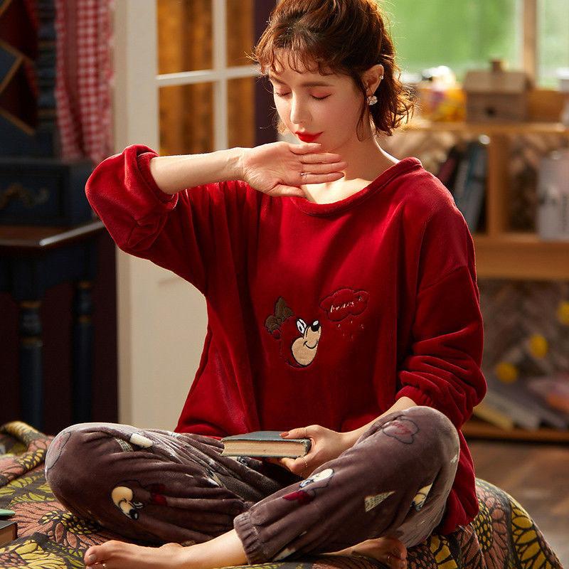 Spring and Autumn Flannel Loose Women's Pajamas Autumn and Winter Thickening and Velvet Warm Coral Fleece Home Service Suit