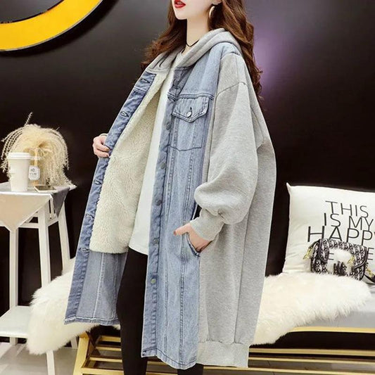 Mid-length Loose Hooded Sweater Cardigan Women's Stitching Denim Jacket Women's Solid Color Long-sleeved Warm Jacket with Pockets