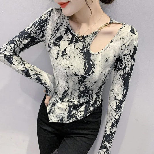 Fashion Irregular Leopard Print Top Women Sexy Hollow Out Shoulder Long Sleeve Top Fashion Large Size Bottoming Shirt
