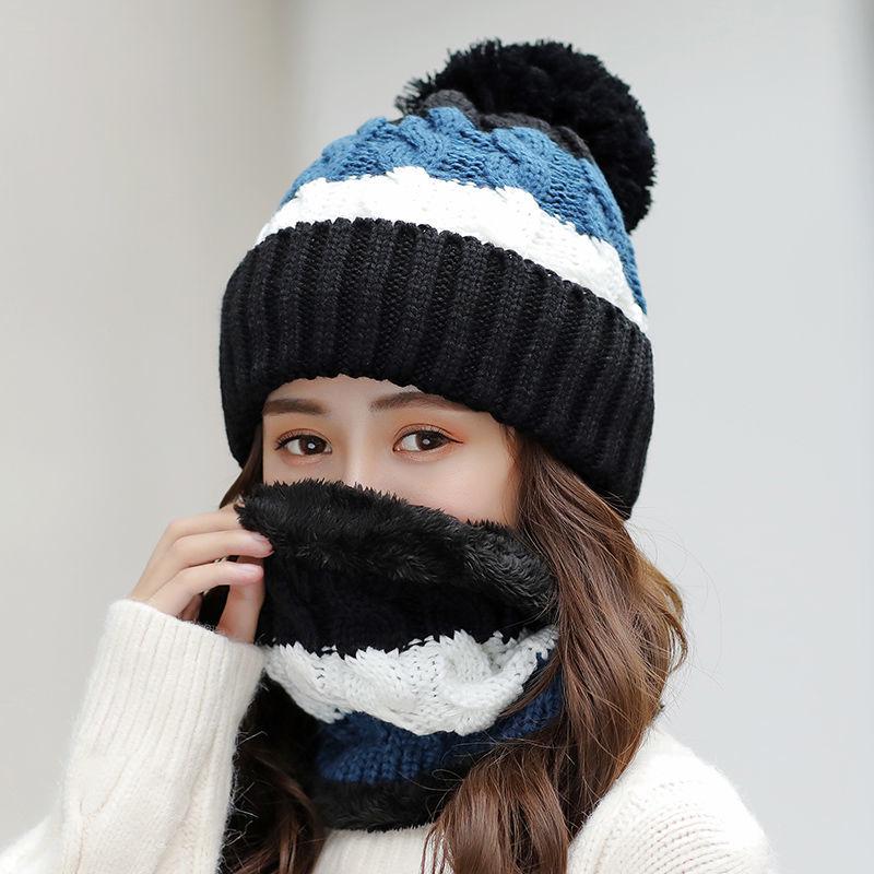 2pcs/set Fur Knitted Hat with Scarf Fur PomPom Hat Skullie Beanie Hat for Women Girl 's Hat