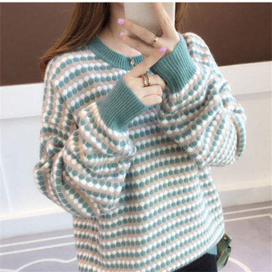 Winter striped sweater contrast women's Crew neck pullover loose Plus Size loose Knit Sweater warm