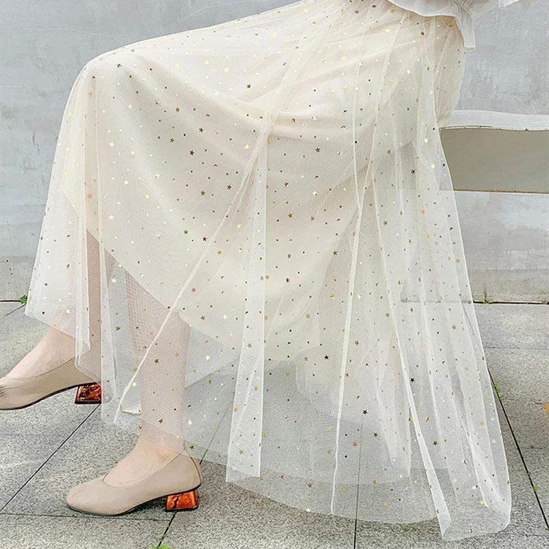 Women A-line Skirts Girls Elastic High Waist Slim Double-layered Gauze-lined Mesh Skirt Solid Color All-match Sequined Skirts