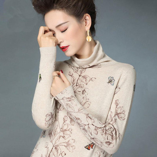Vintage Pile Collar Turtleneck Sweater Women Short Print Knitted Sweater Bottoming Coat Autumn and Winter Pullover Sweater