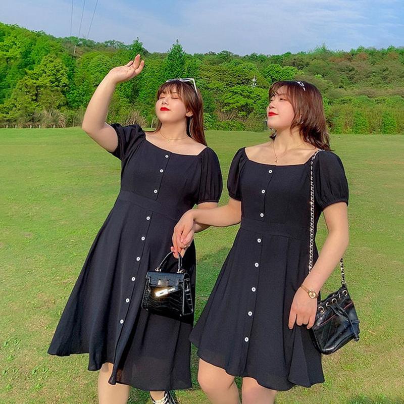 Super Loose Dress Women's Rectangular Neckline Bubble Short-sleeved Mid-length Waist Slimming Loose Version Dress Women's Loose Casual Sweet Dress